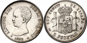 1892*1892. Alfonso XIII. PGM. 2 pesetas. (AC. 85). Limpiada. 9,88 g. MBC+.