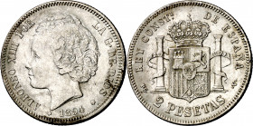1894*1894. Alfonso XIII. PGV. 2 pesetas. (AC. 86). Golpecito. Escasa. 9,99 g. MBC-/MBC.