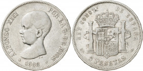 1888*1888. Alfonso XIII. MPM. 5 pesetas. (AC. 92). 24,59 g. MBC-/BC+.