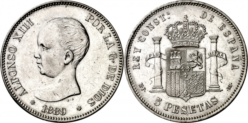 1889*1889. Alfonso XIII. MPM. 5 pesetas. (AC. 93). Limpiada. Buen ejemplar. 25 g...