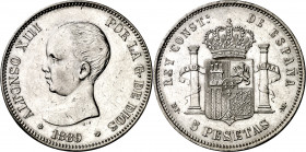 1889*1889. Alfonso XIII. MPM. 5 pesetas. (AC. 93). Limpiada. Buen ejemplar. 25 g. MBC+.