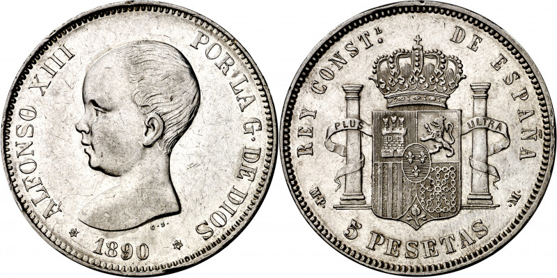 1890*1890. Alfonso XIII. MPM. 5 pesetas. (AC. 95). Golpecitos en canto. Rayitas....