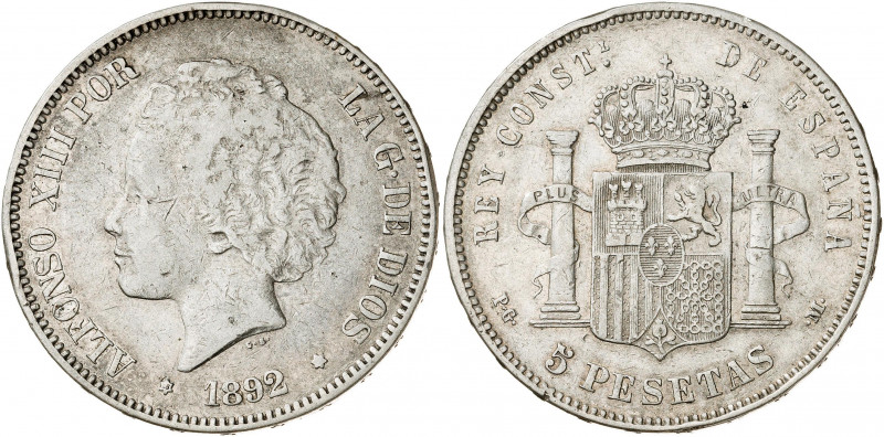 1892*18--. Alfonso XIII. PGM. 5 pesetas. (AC. 100). Tipo "bucles". Golpecitos. 2...