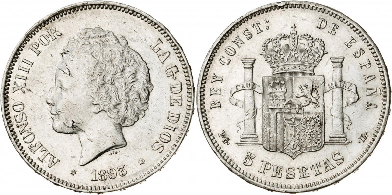 1893*1893. Alfonso XIII. PGL. 5 pesetas. (AC. 102). Hojitas. Golpecito en canto....