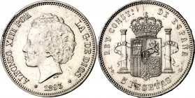 1893*1893. Alfonso XIII. PGL. 5 pesetas. (AC. 102). Limpiada. Leves marquitas. 25,04 g. MBC+.