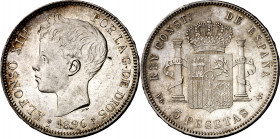 1896*1896. Alfonso XIII. PGV. 5 pesetas. (AC. 106). Golpecito. Brillo original. 24,98 g. EBC+.
