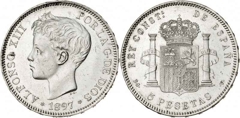 1897*1897. Alfonso XIII. SGV. 5 pesetas. (AC. 107). Limpiada. Rayitas. 24,83 g. ...