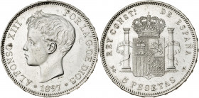 1897*1897. Alfonso XIII. SGV. 5 pesetas. (AC. 107). Limpiada. Rayitas. 24,83 g. MBC+.