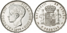 1899*1899. Alfonso XIII. SGV. 5 pesetas. (AC. 110). Rayitas por limpieza. 24,80 g. (EBC).