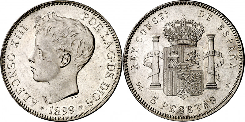 1899*1899. Alfonso XIII. SGV. 5 pesetas. (AC. 110). Mínimos golpecitos en canto....