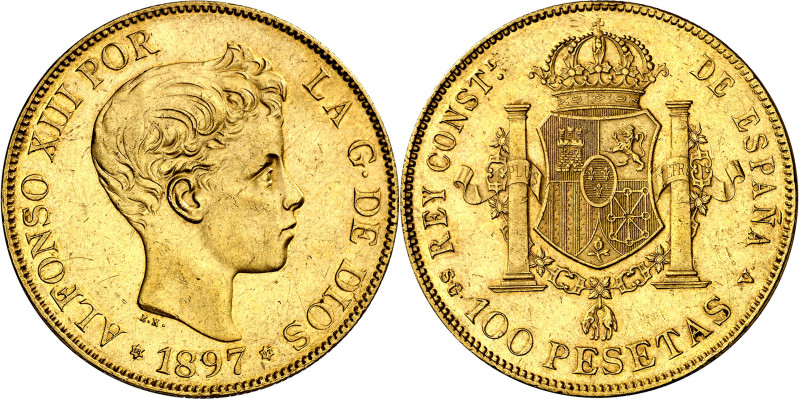 1897*1897. Alfonso XIII. SGV. 100 pesetas. (AC. 119). Leves rayitas. Parte de br...