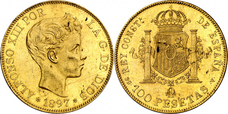 1897*1897. Alfonso XIII. SGV. 100 pesetas. (AC. 119). Leves rayitas. Bella. Bril...