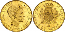 1897*1897. Alfonso XIII. SGV. 100 pesetas. (AC. 119). Leves rayitas. Bella. Brillo original. Escasa. 32,25 g. EBC+.