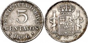 1896. Alfonso XIII. Puerto Rico. PGV. 5 centavos. (AC. 124). Leves golpecitos. Bonito color. 1,24 g. MBC.