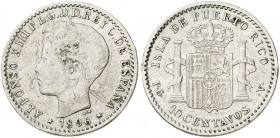 1896. Alfonso XIII. Puerto Rico. PGV. 10 centavos. (AC. 125). Manipulación en anverso. 2,44 g. (BC/MBC-).