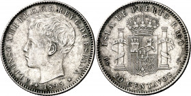 1895. Alfonso XIII. Puerto Rico. PGV. 20 centavos. (AC. 126). Golpecitos. Escasa. 5 g. MBC.