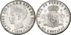 1896. Alfonso XIII. Puerto Rico. PGV. 40 centavos. (AC. 127). Golpecitos. Escasa. 9,87 g. BC+.