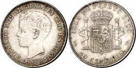 1896. Alfonso XIII. Puerto Rico. PGV. 40 centavos. (AC. 127). Golpecitos. Escasa. 10,07 g. MBC.