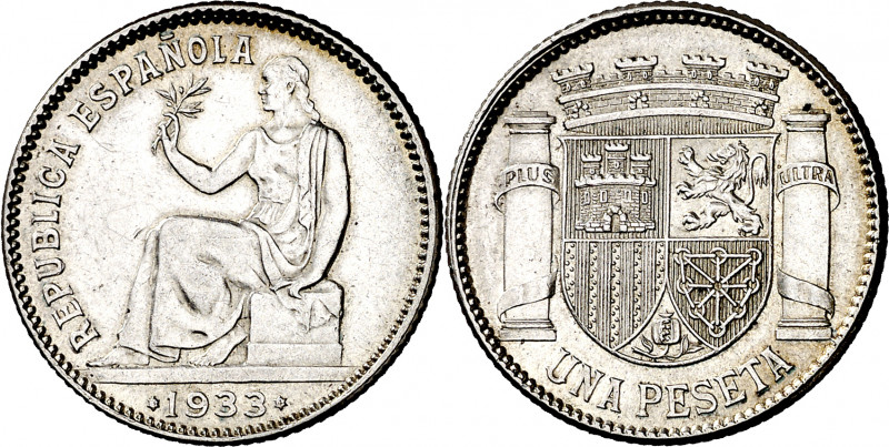 1933*34. II República. 1 peseta. (AC. 35). Reverso girado 80º a izquierda. Rayit...