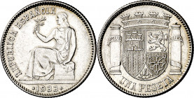 1933*34. II República. 1 peseta. (AC. 35). Reverso girado 80º a izquierda. Rayitas. 5 g. EBC.