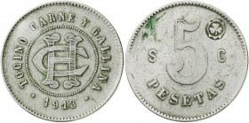 1913. Barcelona. Cooperativa Hostafrancs. Tocino, carne y gallina. 5 pesetas. (AL. 1776). 13,84 g. MBC-.