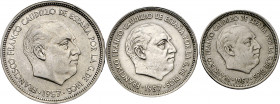 1957. Franco. BA (Barcelona). 5, 25 y 50 pesetas. (AC. 154 a 156). I Exposición Iberoamericana de Numismática y Medallística. 3 monedas, serie complet...