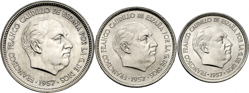 1957. Franco. BA (Barcelona). 5, 25 y 50 pesetas. (AC. 154 a 156). I Exposición ...
