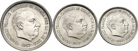 1957. Franco. BA (Barcelona). 5, 25 y 50 pesetas. (AC. 154 a 156). I Exposición Iberoamericana de Numismática y Medallística. 3 monedas, serie complet...