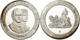 1992. Juan Carlos I. 200 pesetas. (Fuster Co-12). Madrid, Capital Europea de la Cultura. En expositor oficial con certificado. Proof.