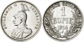 África Oriental alemana. 1914. Guillermo II. J (Hamburgo). 1 rupia. (Kr.10). Limpiada. AG. 11,60 g. MBC/MBC+.