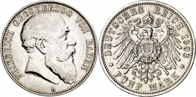 Alemania. Baden. 1903. Federico I. G (Karlsruhe). 5 marcos. (Kr. 274). Rayitas. ...