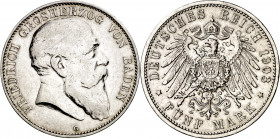 Alemania. Baden. 1903. Federico I. G (Karlsruhe). 5 marcos. (Kr. 274). Rayitas. AG. 27,71 g. MBC-.
