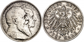 Alemania. Baden. 1906. Federico I. 5 marcos. (Kr. 277). Bodas de oro. Limpiada. AG. 27,68 g. MBC+.