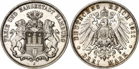 Alemania. Hamburgo. 1911. J (Hamburgo). 3 marcos. (Kr. 620). AG. 16,60 g. S/C-.