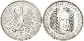 Alemania. 1966. D (Múnich). 5 marcos. (Kr. 119.1). Goltfried Wilhelm Leibniz, filósofo. AG. 11,13 g. S/C-.