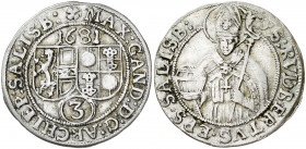 Austria. Salzburgo. 1681. Maximiliano Gandolfo. 3 kreuzer. (Kr. 228). AG. 1,39 g. MBC.