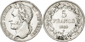 Bélgica. 1849. Leopoldo I. 5 francos. (Kr. 3.2). Limpiada. AG. 24,73 g. MBC-.
