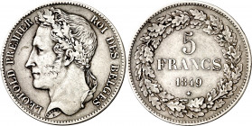 Bélgica. 1849. Leopoldo I. 5 francos. (Kr. 3.2). AG. 24,86 g. MBC/MBC+.