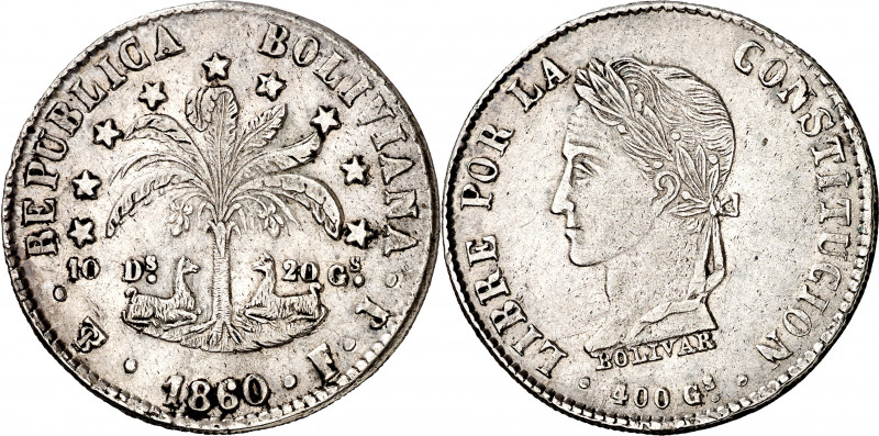 Bolivia. 1860. Potosí. FJ. 8 soles. (Kr. 138.6). Golpecitos. Escasa. AG. 19,90 g...