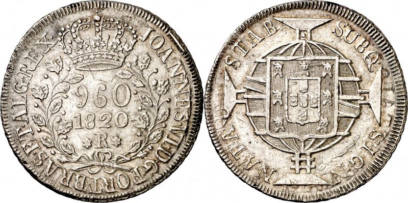 Brasil. 1820. Juan VI. R (Río). 960 reis. (Kr. 326.1). Acuñada sobre un real de ...