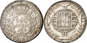 Brasil. 1820. Juan VI. R (Río). 960 reis. (Kr. 326.1). Acuñada sobre un real de a 8 de Carlos IV. AG. 26,87 g. MBC+.
