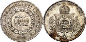 Brasil. 1859. Pedro II. 1000 reis. (Kr. 465). Manchita. AG. 12,67 g. (EBC-).