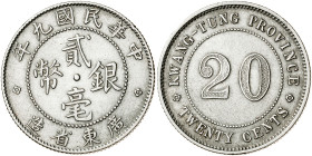 China. Kwantung. Año 9 (1920). 20 centavos. (Kr. 423). AG. 5,30 g. MBC.