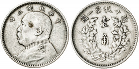 China. Año 3 (1914). 10 centavos. (Kr. 326). AG. 2,59 g. MBC/MBC+.