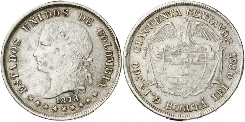 Colombia. 1878. Bogotá. 50 centavos. (Kr. 161.1). Golpe en canto. Manchitas. Esc...