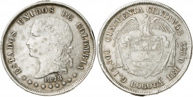 Colombia. 1878. Bogotá. 50 centavos. (Kr. 161.1). Golpe en canto. Manchitas. Escasa. AG. 12,23 g. MBC-.