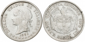 Colombia. 1880. Bogotá. 50 centavos. (Kr. 161.1). Golpe en canto. Rayitas. AG. 12,22 g. MBC-.