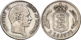 Dinamarca. 1876. Christian IX. 2 coronas. (Kr. 798.1). AG. 14,69 g. MBC-.