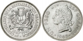 República Dominicana. 1963. 1 peso. (Kr. 30). Centenario de la República. Leves marquitas. AG. 26,81 g. S/C-.