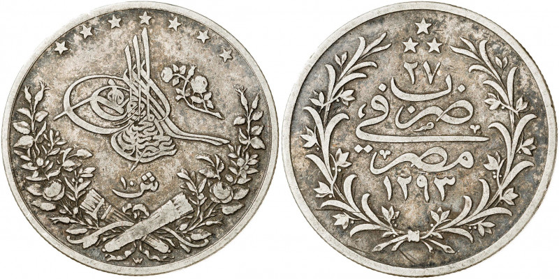 Egipto. Año 27 (1902). Abdul Hamid II. Misr. W. 10 qirsh. (Kr. 295). AG. 13,72 g...